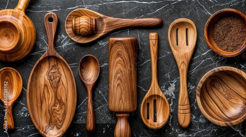 Wooden cutlery collection in various sizes, laid out on a gray background, ideal for cooking and kitchen equipment.