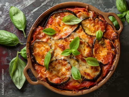 Parmigiana di Melanzane in a Ceramic Dish, Garnished with Fresh Basil Leaves, Displayed Overhead on a Dark Rustic Surface, Perfect for Italian Cuisine, Comfort Food, or Recipe Concepts photo