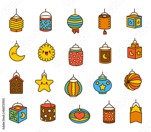 Lanterns for St. Martins Day. Light festival in Germany. Hand style. Vector drawing. Collection of design elements.
