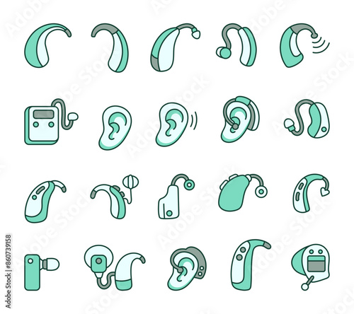 Hearing aid for the deaf. Medical device. Hand style. Vector drawing. Collection of design elements.