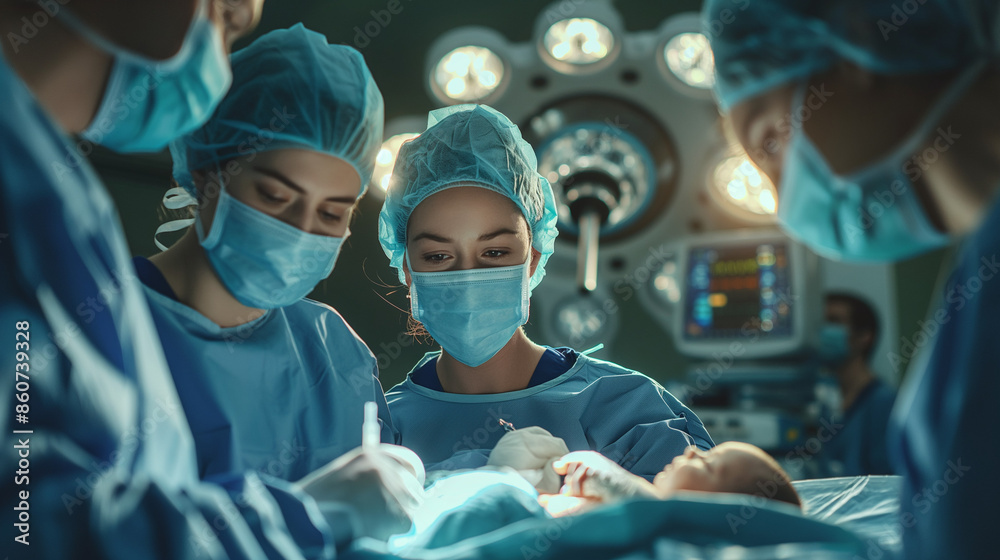 a team of surgeons and nurses with newborn baby in operation at hospital a team of surgeons and nurses with newborn baby in operation at hospital