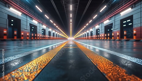 This image depicts a modern parking garage with vibrant lighting, characterized by its spacious design and orderly lines, enhancing the urban infrastructure aesthetics. photo