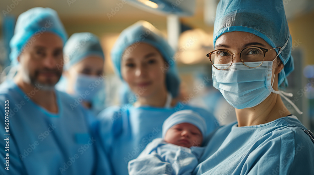 a team of surgeons and nurses with newborn baby in operation at hospital a team of surgeons and nurses with newborn baby in operation at hospital
