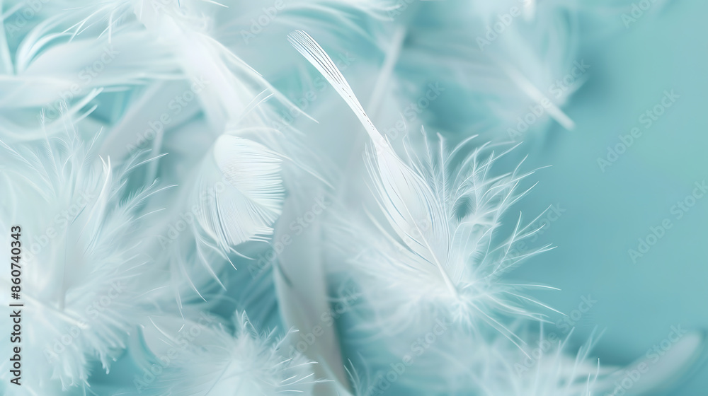 Obraz premium White fluffy feathers on pale teal blue background Fashion Color Trends Spring Summer 2016 soft focus : Generative AI