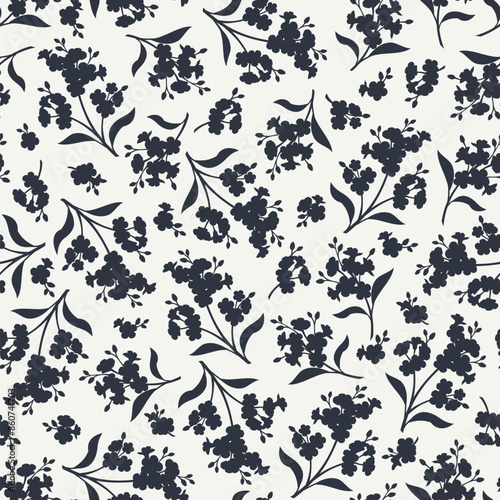 Floral seamless pattern with forget-me-not flowers silhouettes. Vector black and whtie floral print
