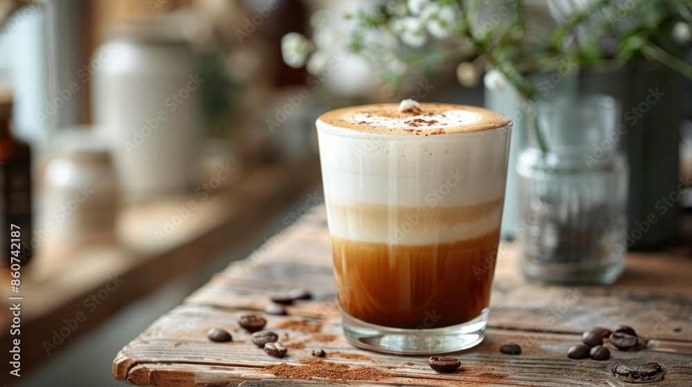 Coffee with a Creamy Topping, Layered with Brown and White, on Wooden Surface Coffee with a Creamy Topping, Layered with Brown and White, on Wooden Surface