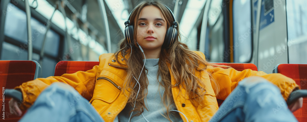 A composed young girl wearing a yellow jacket sits comfortably in a train seat enjoying music through her headphones A composed young girl wearing a yellow jacket sits comfortably in a train seat enjoying music through her headphones