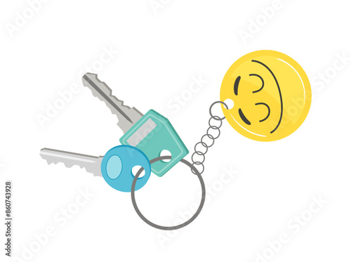 Door keys for home access hanging on ring with keychain in shape of cute smiley face emoticon