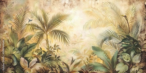 Modern wallpaper. Watercolor jungle illustration. Crane bird elements, watercolor painting wallpaper. Mural wallpaper. AI generated illustration © Elvin