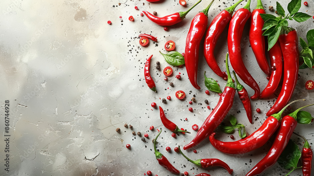 fresh red chili peppers arranged on a textured background with spices fresh red chili peppers arranged on a textured background with spices