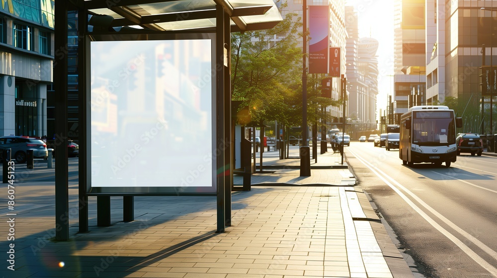 A busy street bus stop with a blank poster frame. The vibrant city life around the stop creates a dynamic backdrop for any text. Sunny day A busy street bus stop with a blank poster frame. The vibrant city life around the stop creates a dynamic backdrop for any text. Sunny day