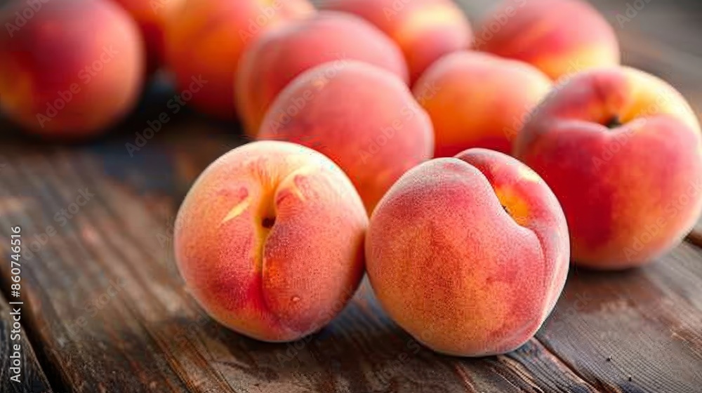 Close up of fresh peaches on table in sunlight high quality realistic summer fruit photo Close up of fresh peaches on table in sunlight high quality realistic summer fruit photo