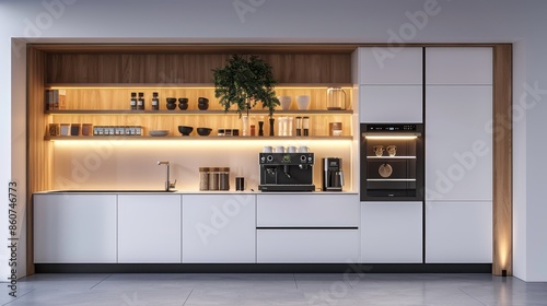 Modern white kitchen cabinets with wood grain surface, integrated coffee machine, minimalist style