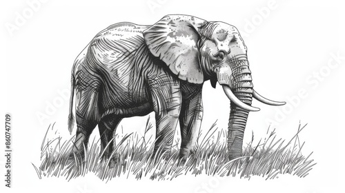 An intricate and lifelike sketch of an elephant grazing in a grass field, with careful attention to its detailed skin texture and natural surroundings, conveying a sense of peace and nature. photo
