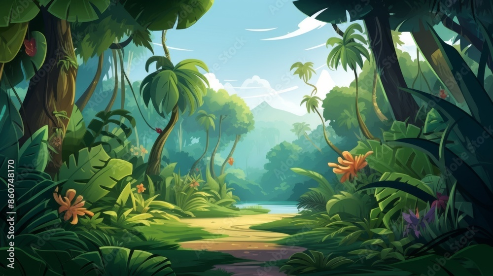 This image features a sunny jungle pathway, surrounded by lush green plants and vibrant wildlife, set against a backdrop of clear skies and distant mountains, creating a tranquil scene. This image features a sunny jungle pathway, surrounded by lush green plants and vibrant wildlife, set against a backdrop of clear skies and distant mountains, creating a tranquil scene.