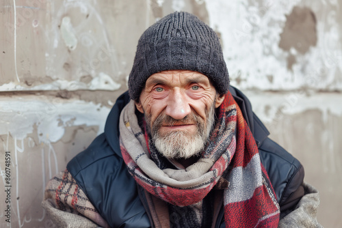 Old White Unhoused Homeless Man with Beard Outside on the Street in Winter