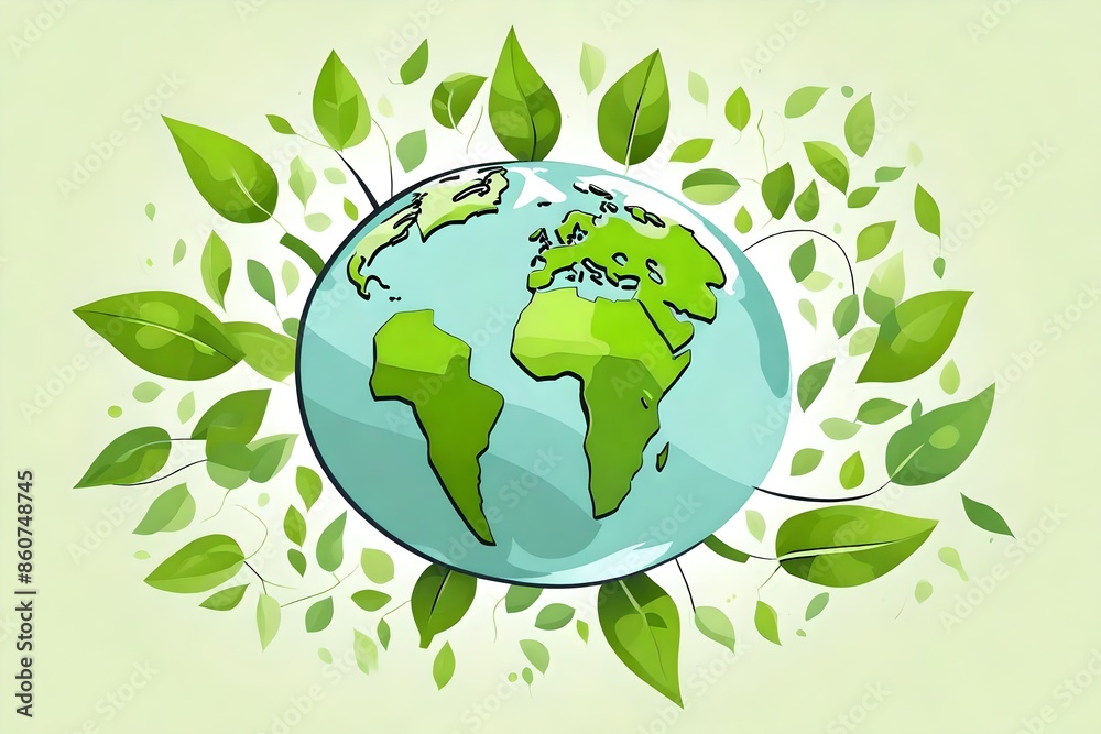 Minimalistic an isolated Earth and green leaves in cartoon style conveying the concept of ecology and the environment Minimalistic an isolated Earth and green leaves in cartoon style conveying the concept of ecology and the environment