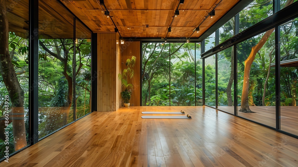 Fototapeta premium eco-friendly yoga studio with a seamless wooden facade and floor-to-ceiling windows that open up to a serene forest