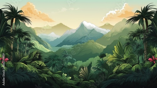 A stunning landscape illustration showcasing a serene mountain view with lush greenery under a beautiful sunset sky, evoking tranquility and natural beauty in every detail. © Eleanor Richards