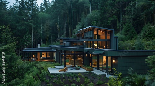 eco-resort nestled in a forest, using dark green fiber cement siding to minimize visual impact and blend seamlessly with the natural surroundings