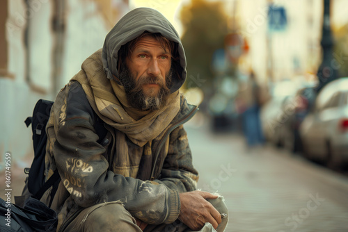 Old White Unhoused Homeless Man with Beard Outside on the Street in Winter