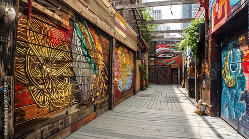 inner-city alley revitalization project featuring artistic wooden murals and installations that transform the space into a cultural hotspot