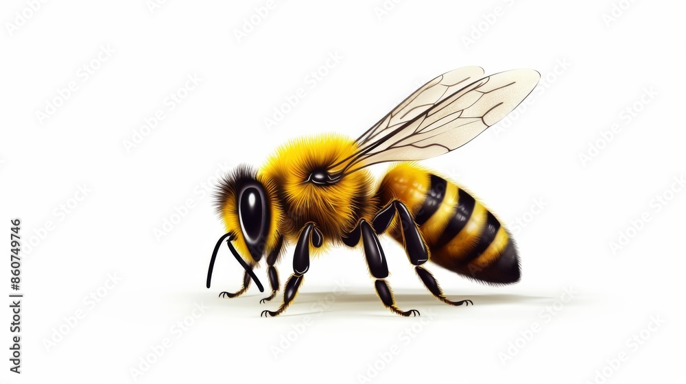 A highly detailed and realistic side profile illustration of a bee, showcasing its vibrant yellow coloration and intricate black stripes, with wings poised as if in flight. A highly detailed and realistic side profile illustration of a bee, showcasing its vibrant yellow coloration and intricate black stripes, with wings poised as if in flight.