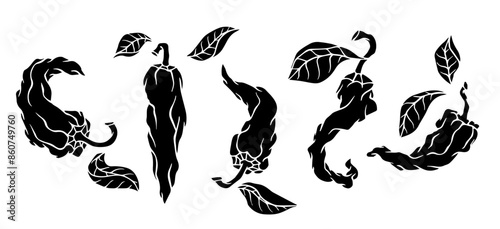 Collection of silhouettes, doodles of hot chili pepper pods. Vector graphics.