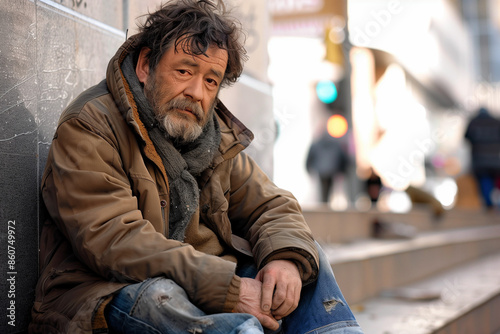 Old White Unhoused Homeless Man with Beard Outside on the Street in Winter © Sage Studios