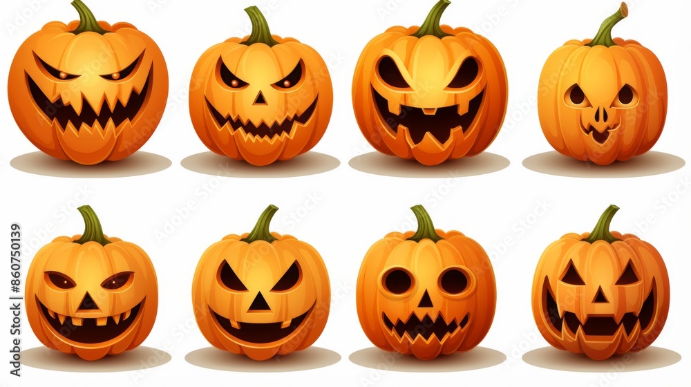 Eight Halloween pumpkins with diverse facial expressions ranging from creepy to humorous, reflecting various styles and creativity for a festive Halloween display. Eight Halloween pumpkins with diverse facial expressions ranging from creepy to humorous, reflecting various styles and creativity for a festive Halloween display.