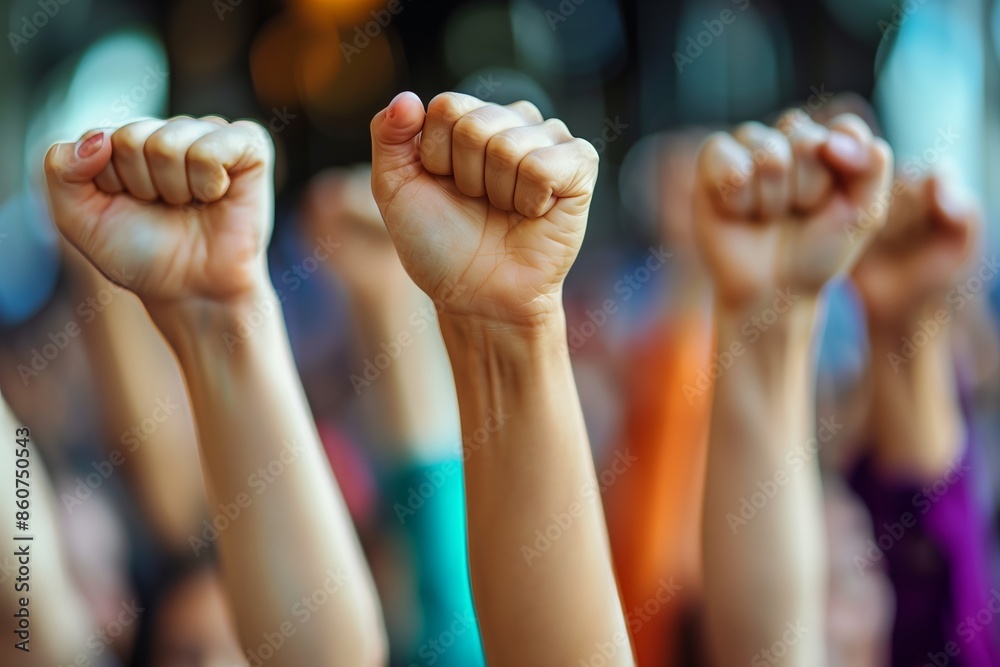 Naklejka premium Raised Fists of Protest in a Crowd During a Demonstration