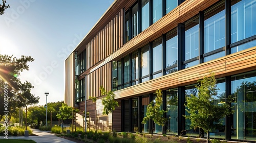 innovative tech hub with a facade made from smart wooden panels that adjust to the suna??s angle, optimizing natural light and energy use photo