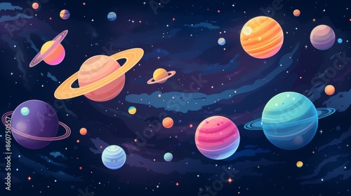 Fototapeta Naklejka Na Ścianę i Meble -  This colorful image features a dynamic and lively animated space scene filled with varied planets and twinkling stars, creating a playful and fantastical outer space ambiance.