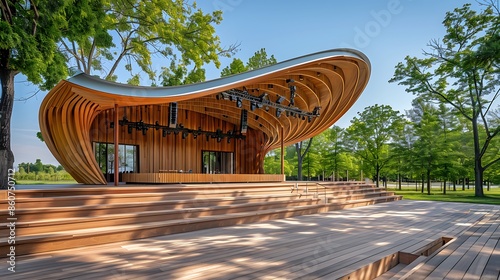 outdoor music venue with a wooden stage and sound shell, designed to enhance acoustics and blend into the park-like setting
