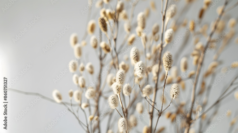 Fototapeta premium Beige dry flowers fluffy like pussy willow branches with selective focus against a white wall : Generative AI
