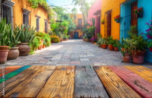 Wooden Tabletop In Front of Colorful Mexican Street