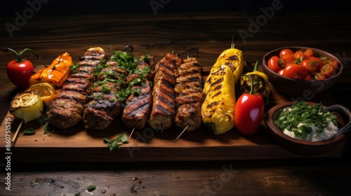 A rustic presentation of grilled meat and vegetables laid on a wooden board, accompanied by bowls of sauces and fresh tomatoes, conjuring up a delightful and savory summer feast. photo