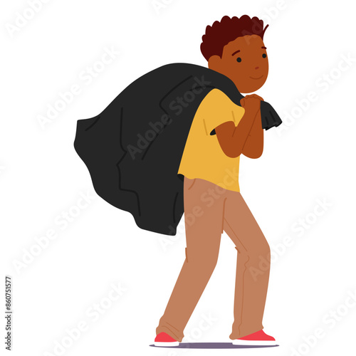 Cheerful Child Dragging Black Sack, Young Boy With Short Curly, Dressed In A Yellow Shirt, Beige Pants And Red Shoes