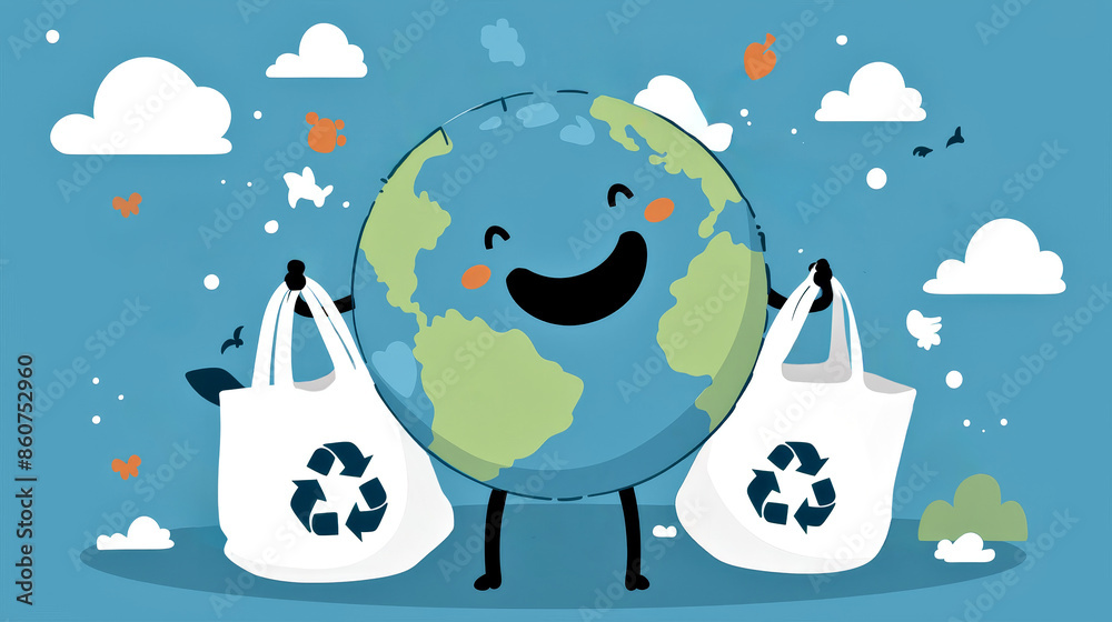 Naklejka premium International Plastic Bag Free Day Happy Earth with Fabric Bag with Recycle Sign, Eco Friendly Environment Protection, Plastic Bag Pollution Concept