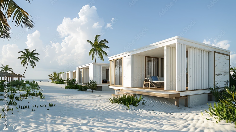 Fototapeta premium beach resort with individual bungalows clad in white fiber cement siding, designed to keep the interiors cool and withstand the salty ocean air