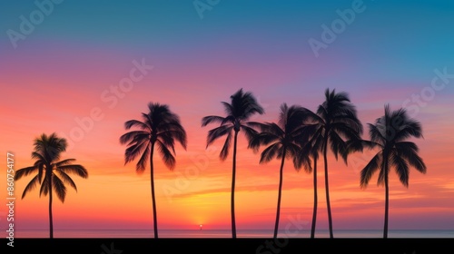 A captivating image of palm trees silhouetted against a vibrant sunset sky, demonstrating the enchanting beauty of twilight with striking colors and serene mood.