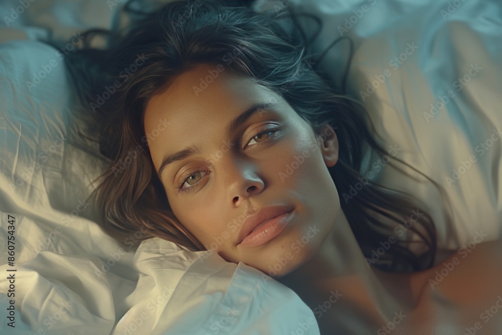 A young woman with long, dark hair is lying on a white bed. She is looking at the camera with a pensive expression. The background is blurry and soft with warm light A young woman with long, dark hair is lying on a white bed. She is looking at the camera with a pensive expression. The background is blurry and soft with warm light