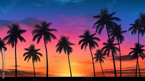 Wallpaper Mural A peaceful illustration featuring silhouetted palm trees against a serene sunset with a dusky sky, capturing a tranquil and reflective moment in nature's beauty. Torontodigital.ca