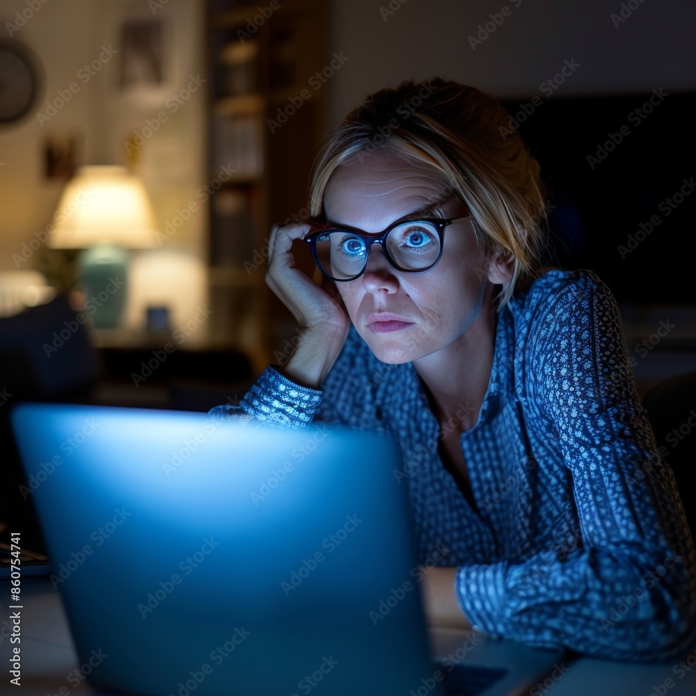 A young businesswoman wearing glasses is thoughtfully looking at her laptop screen while working late at night in a dimly lit home office. The only other light comes from a lamp on a side table A young businesswoman wearing glasses is thoughtfully looking at her laptop screen while working late at night in a dimly lit home office. The only other light comes from a lamp on a side table