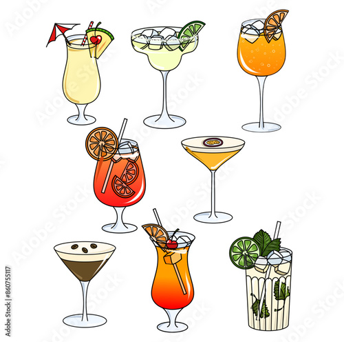 set of cocktails and drinks illustrated