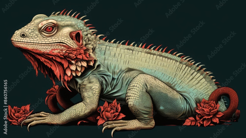 Fototapeta premium This image features a detailed lizard with striking red accents on its back and around its neck, surrounded by beautifully rendered red flowers on a dark background.