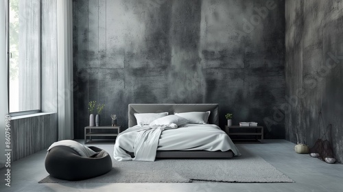 A sleek and contemporary bedroom with minimalist furniture, featuring a bold and provocative wallpaper art that adds a touch of edgy sophistication to the space photo