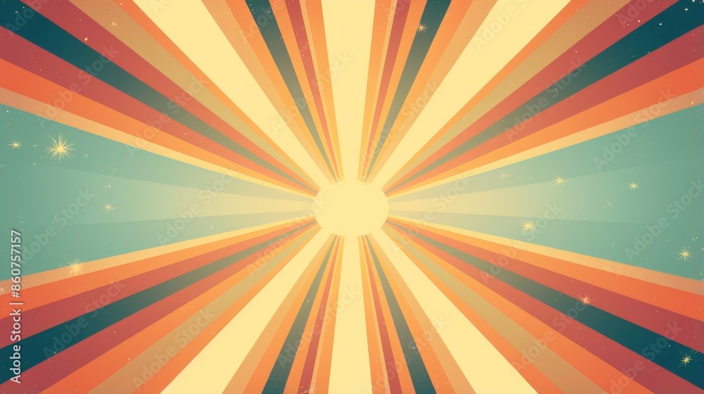 This retro-style sunburst design features multicolor rays extending from a central point, complemented by small stars, creating a nostalgic, dynamic, and vibrant composition. This retro-style sunburst design features multicolor rays extending from a central point, complemented by small stars, creating a nostalgic, dynamic, and vibrant composition.