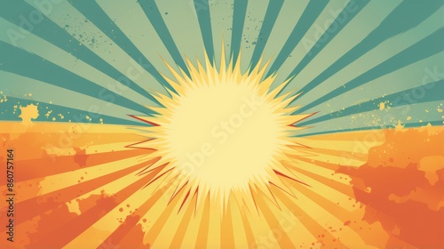 This colorful abstract sunburst design showcases a central bright yellow circle with orange rays extending outwards against a blue sky background, evoking warmth and energy.