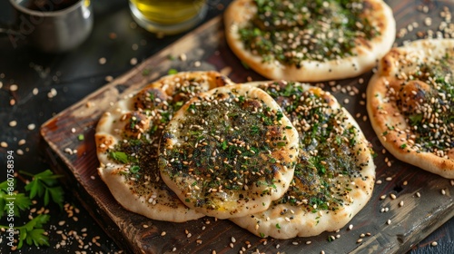 Try our mouthwatering homemade zaatar manakeesh. It's a classic Lebanese dish made with a pita bread topped with our special blend of herbs and spices photo